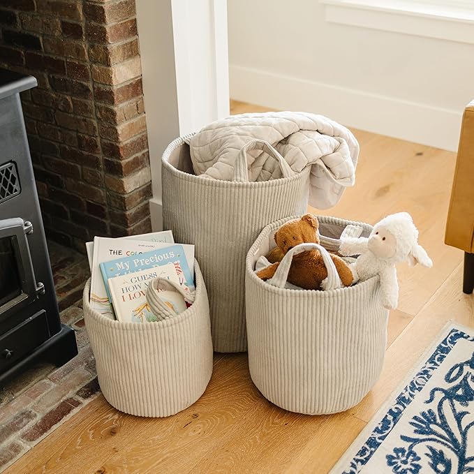 PUTSKA Blanket Basket – Round Storage for Toys and Blankets, Clothes, Stuffed Animals – Soft Baby Girl Basket for Nursery, Kids Room, Bedroom, Living Room – Large, Grey