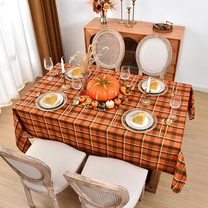 Gingham Tablecloth Fabric - Oblong 58x120 Water Resistant Autumn Plaid Table Cloth for Indoor/Outdoor Use - Fall Tabletop Cover for Halloween, Picnics, Gardens, and Thanksgiving Day