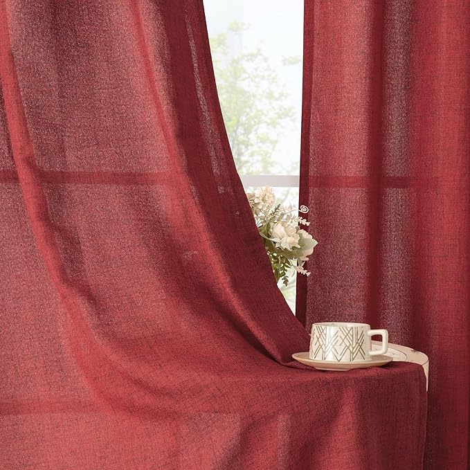 YoungsTex Red Linen Curtains 54 Inch Length for Kitchen, Light Filtering Semi Sheer Small Window Drapes Rod Pocket Back Tab for Christmas Living Room Cafe, 2 Panels, 42 X 54 Inch