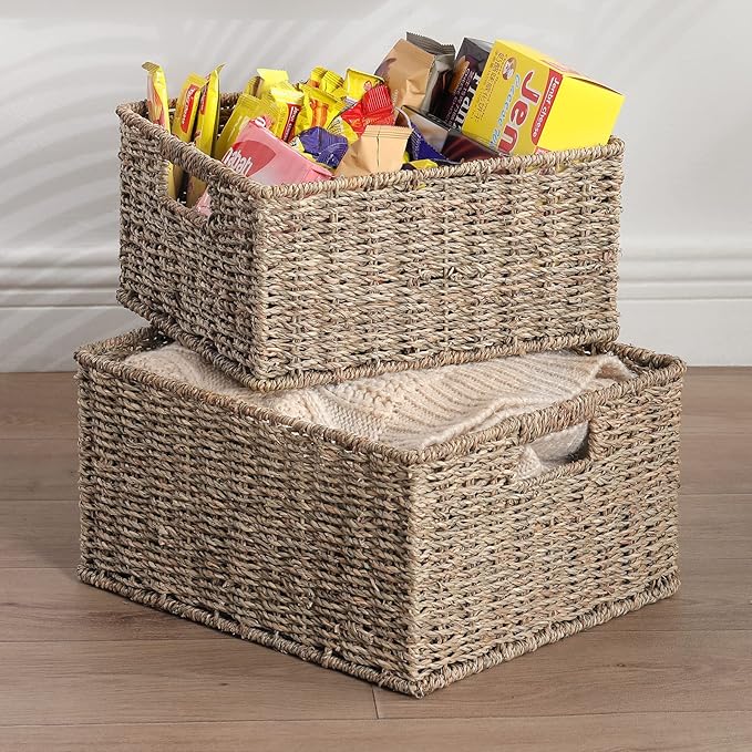 HOONEX Large Wicker Baskets for Storage, Seagrass Baskets with Dual Handles, Woven Set of 2, Natural