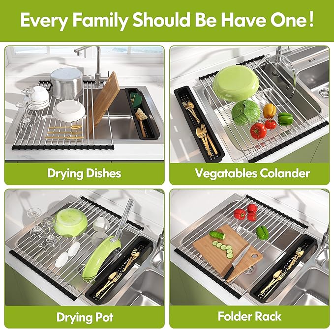 JASIWAY Dish Drying Rack, Roll Up Dryer Rack for Inside Sink, Expandable (12.8"-23.8" D x 15.5" W) 304 Stainless Steel Dish Drainers for Kitchen Counter, Over Sink Cover with Utensil Holder