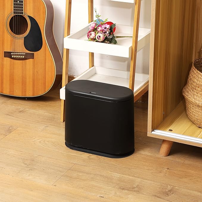 Black Slim Bathroom Trash Can with Press Top Lid,12 Liter Small Thin Garbage Can,3.17 Gallon Narrow Dog Proof Plastic Waste Basket and Covered Wastebasket for Room,Bedroom,Kitchen,Toilet,Office,Dorm