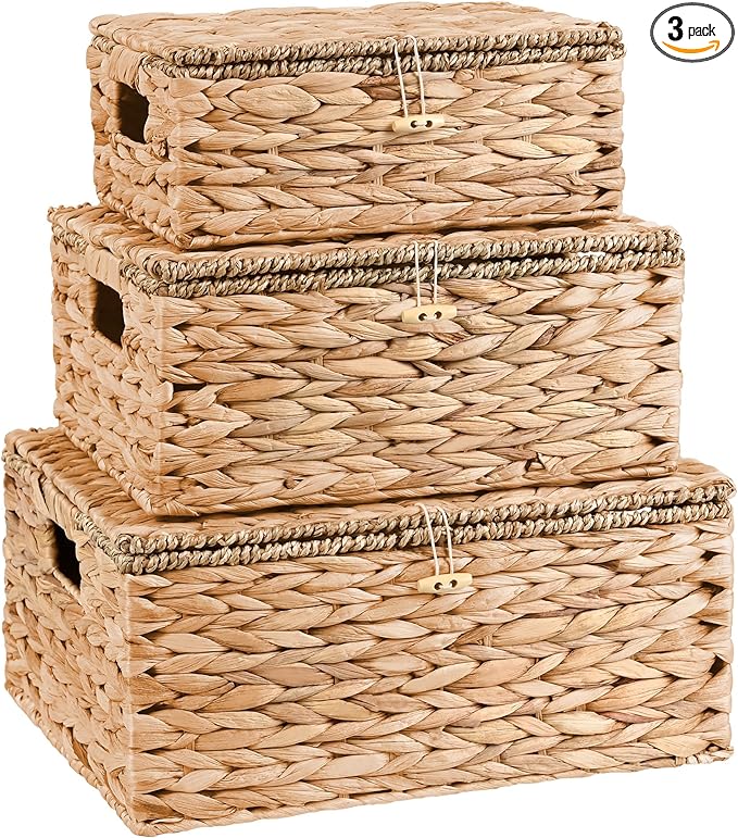Wicker Storage Baskets with Lids and Handles, Hand Woven Rattan Storage Bins Box, Set 3 Natural Water Hyacinth Decorative Large Small Basket Container for Shelves, Bathroom Organizing