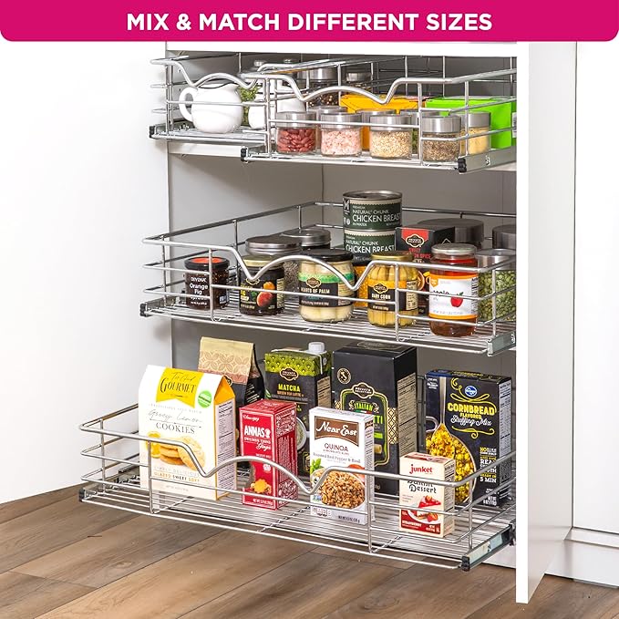 HOLDN’ STORAGE Heavy-Duty Premium Collection Pull Out Cabinet Organizer, Cabinet Drawer Slide Outs, Lifetime Limited Warranty - Basket Size 24" W x 21" D x 5" H, Anti-Rust Chrome Finish