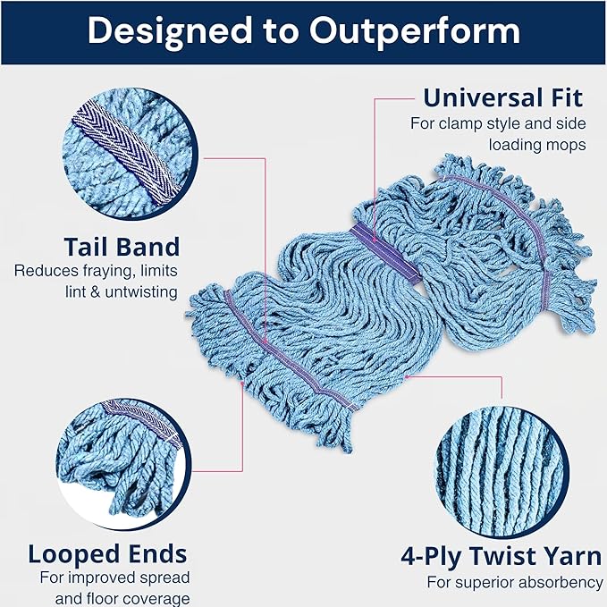 3 Packs Commercial Mop Head Replacement, Mop Heads Replacements – Heavy Duty Commercial Floor Cleaning – Super Absorbent Cotton, Durable & Washable – Ideal for Cleaning Service Companies & Homeowners