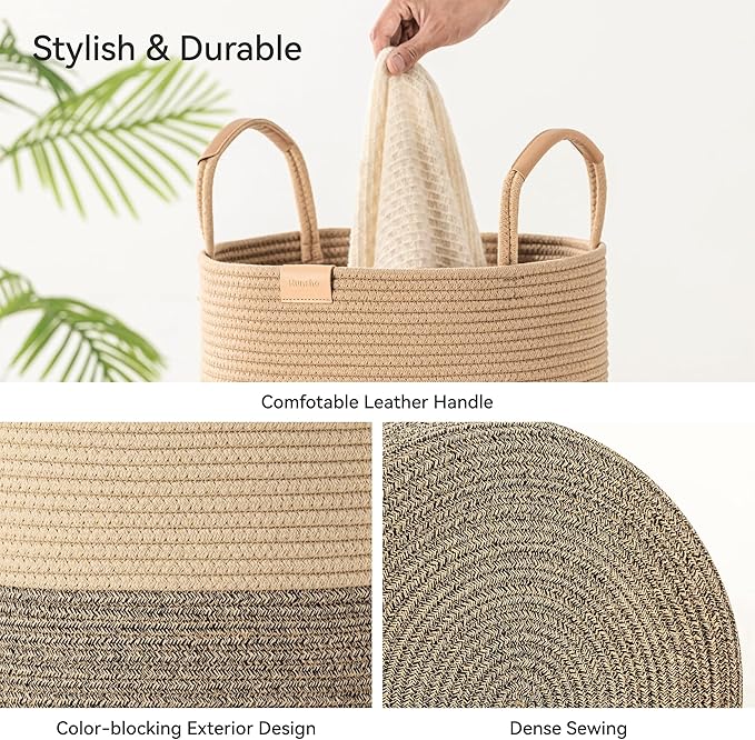 62L Striped Laundry Hamper with Leather Handles,Large Foldable Laundry Basket for Clothes,Cotton Rope Storage Bin for Blankets,Woven Clothes Basket for Bedroom,Dark Brown Stripes