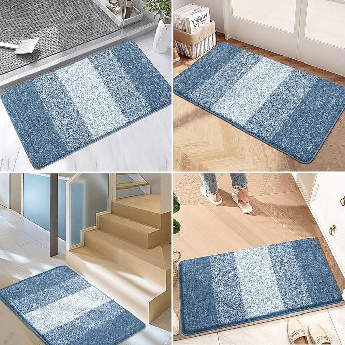 Kitinjoy Indoor Outdoor Door Mat, 48x32 Non-Slip Absorbent Dirt Trapper, Low-Profile Washable Inside Entrance Front Floor Mat, Sturdy Soft Entry Doormats for Entryway, Light Blue