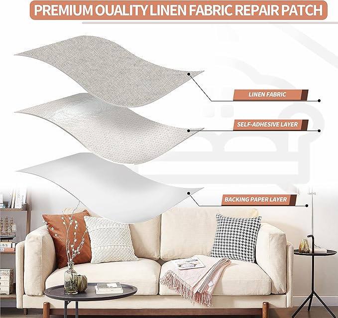 Fine Linen Repair Patches, Self-Adhesive Linen Fabric Patches, 12X40 inch Extra Size, Multi Color, Can be Used for Linen Sofa Repair and Linen Clothes Repair(12" x 40",Rice Coffee)
