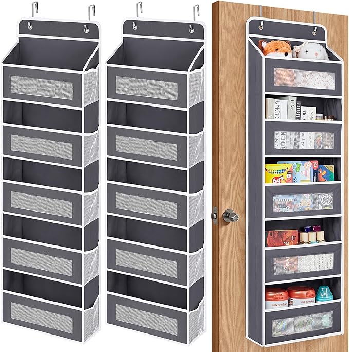 JARLINK 2 Pack Over The Door Organizer, 5 Shelf Door Hanging Organizer with 5 Large Pockets, 44 lbs Weight Capacity Hanging Storage for Bathroom, Bedroom, Nursery, RV, Pantry (Dark Grey)
