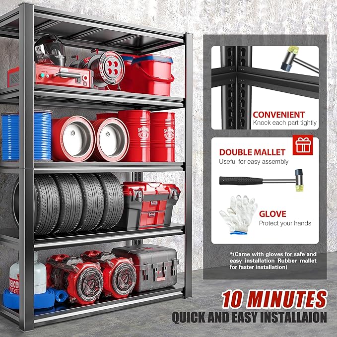 Raybee Garage Shelving 2000LBS Storage Shelves Adjustable Metal Shelves 5 Tier Heavy Duty Shelving Metal Shelf for Basement Pantry Kitchen 32" W x 16.5" D x 63" H