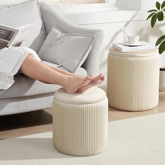Round Ottoman with Storage Set of 2,Vanity Stool with Storage for Bedroom, Ottoman Coffee Table,Small Velvet Foot Stool for Living Room, Beige