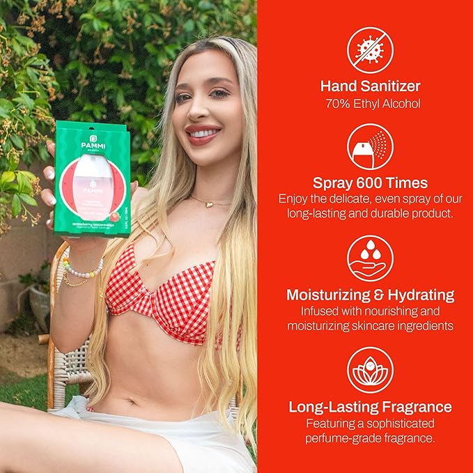 PAMMI Power Mist Hydrating Hand Sanitizer Spray, Portable Travel Size Pocket Hand Sanitizer, Scented Handsanitizer Mini Spray For Car - 600 Sprays (2 Packs (Strawberry Watermelon))