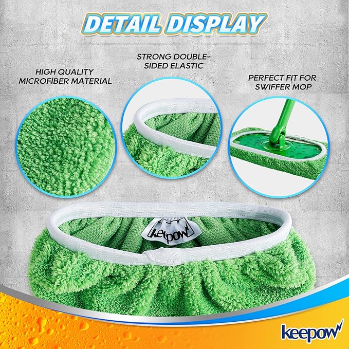 KEEPOW Reusable Microfiber Mop Pads for Swiffer Sweeper Mop, Washable Wet Pad Refills for Wet & Dry Use, Microfiber Dry Sweeping Cloths for Hardwood Floor Cleaning, 2 Pack (Mop is Not Included)