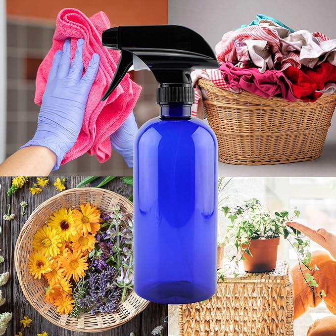 Cornucopia Brands 16oz Cobalt Blue PLASTIC Spray Bottles w/Heavy Duty Mist & Stream Sprayers and Chalkboard Labels (6-pack); PET #1 BPA-free, Use for DIY, Kitchen, Hair