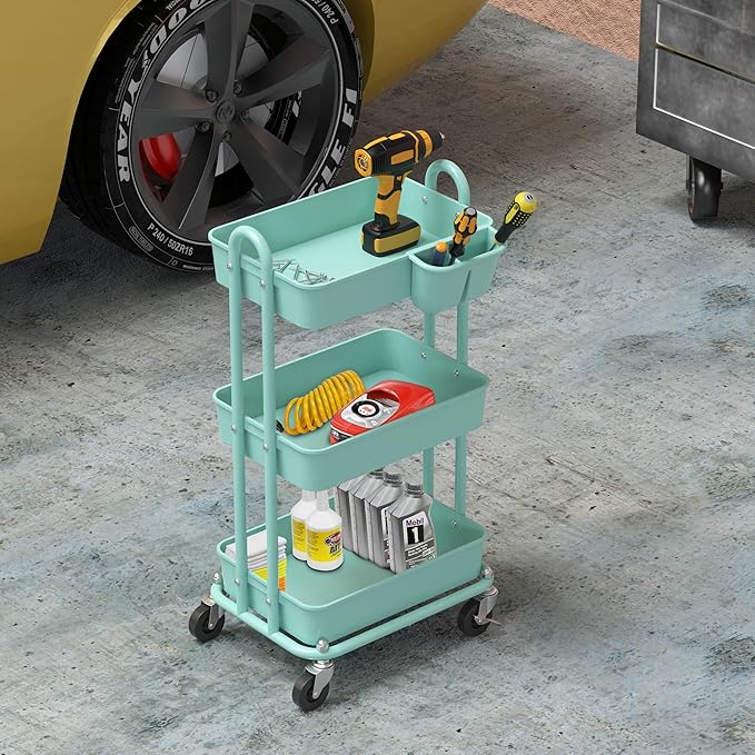 Simple Houseware 3-Tier Multifunctional Rolling Utility Cart with Hanging Bucket, Turquoise