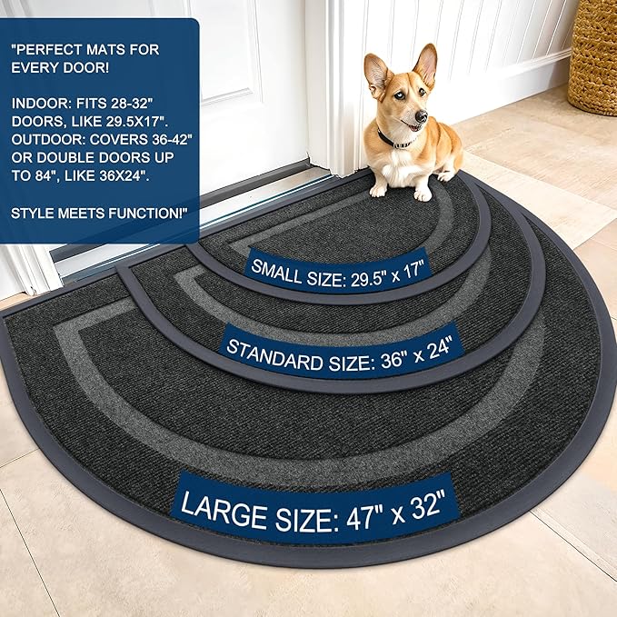OLANLY Half Circle Door Mat Indoor Outdoor Entrance Welcome, Waterproof All-Season, All-Weather Doormat, Sturdy Natural Rubber, Low Profile, Easy Clean Patio Porch Entryway Mat, 47x23, Black