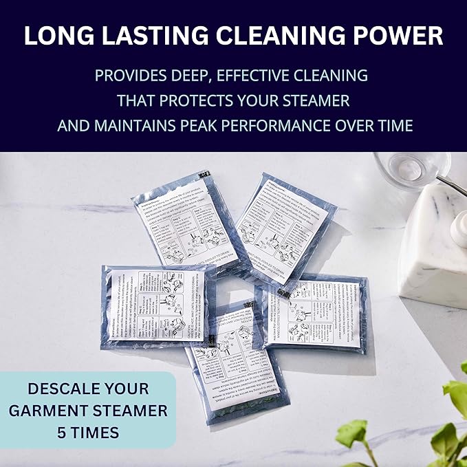 Garment Steamer Descaling Solution Decalcifier Packets for Mineral Deposits and Build-up Removal, Maintenance for Clothes, Works with all Garment Steamer Brands, Cleans Build Up, 5 packs