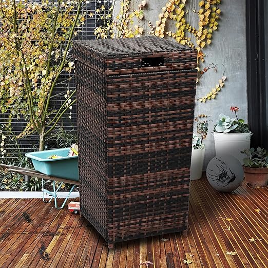 VINGLI Wicker Patio Trash Can, 27 Gallon Rattan Trash Can with Removable Lid, Outdoor Wicker Waste Basket, Wast Container (Brown)