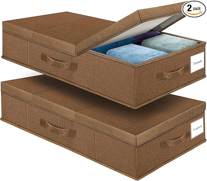 Underbed Storage Containers Bin with Lids (2pcs) Large Under Bed Storage Organizer Box with Handle, Foldable Under the Storage Bags for Organizing Clothes, Shoes, Blankets, Pillows-Dark brown
