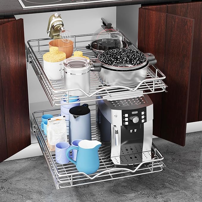 HOLDN’ STORAGE Two Tier Pull Out Cabinet Organizer, Individual Sliding Drawers - Heavy Duty Metal with Lifetime Limited Warranty - Anti Rust Chrome Finish - 15" W x 21”D x 16.5" H