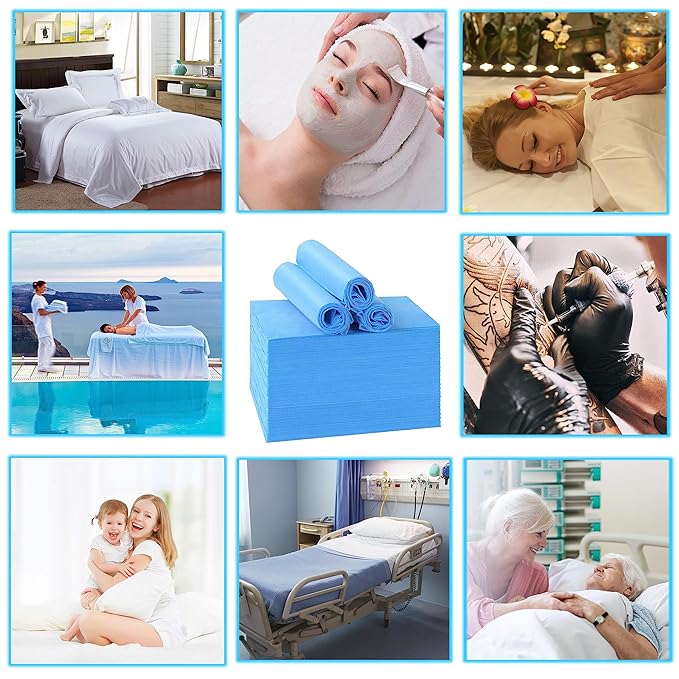 Disposable Bed Sheets for Massage Table 200 Pcs 31" x 71" Waterproof Massage Table Sheets Soft Non Woven Fabric SPA Massage Table Bed Cover Breathable for Beauty Tattoos Waxing Travel (Blue)