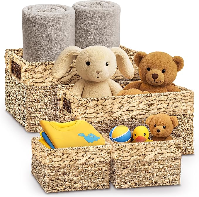 Seagrass and Hyacinth Nesting Wicker Basket, Multi-Size, 4 pack, Natural Woven Storage Baskets for Organizing Living Room, Shelves, Pantry