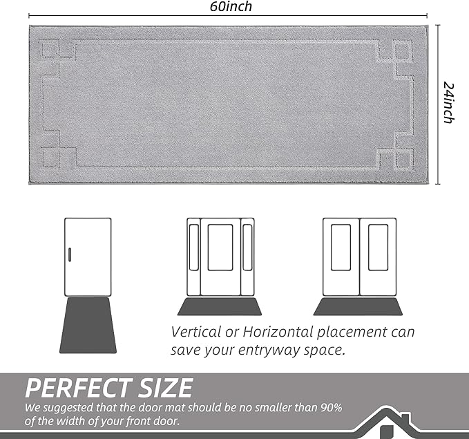 BEQHAUSE Door Mat 24" x 60", Non-Slip Door Mats Indoor Entryway Rugs Washable Low-Profile Absorbent and Stain Resist Floor Mats, Dog Door Mat for Front Back Door, Muddy Wet Shoes & Paws, Light Grey