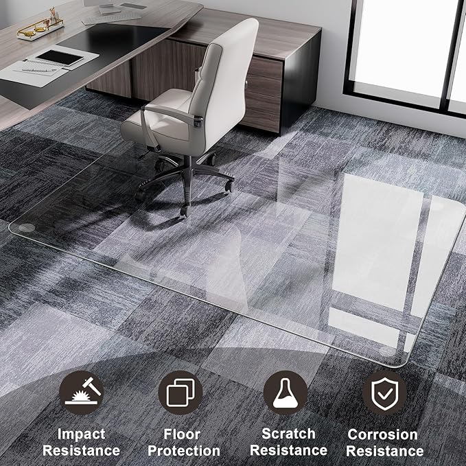 GLSLAND 54"x32" Tempered Glass Chair Mat Heavy-Duty Floor Protector for Carpet & Hard Floors Scratch-Resistant Office Computer Desk Mats Clear