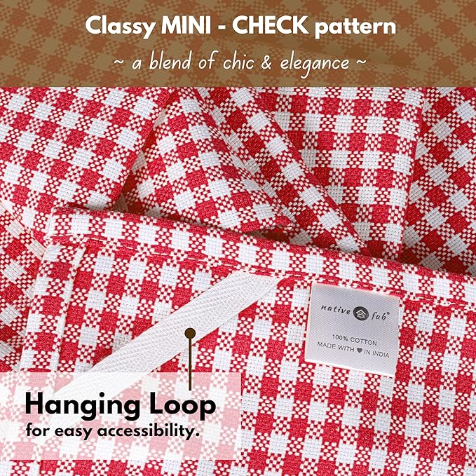 Native Fab 12 Pack Gingham Check Kitchen Towels 16"x26" - Mini Plaid Cotton Dish Towels Washable - Absorbent Tea Towel, Soft Hand Towel with Hanging Loop, Dish Cloth Set - Red White