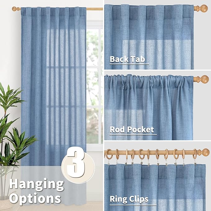 YoungsTex Denim Blue Linen Curtains 78 Inch Length for Living Room, Light Filtering Semi Sheer Window Drapes Rod Pocket Back Tab Curtain for Bedroom Office Dining Coastal, 2 Panels, 52 X 78 Inch