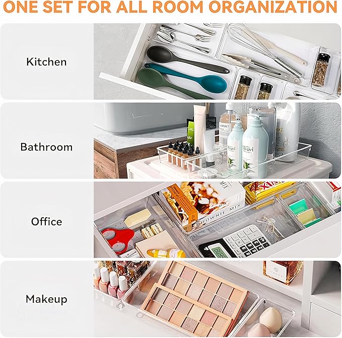 15-Pack Clear Drawer Organizer Set – Multi-Size Acrylic Storage Bins for Kitchen, Makeup, Office & Bathroom – Stackable Plastic Trays for Home, Desk & Vanity Organization