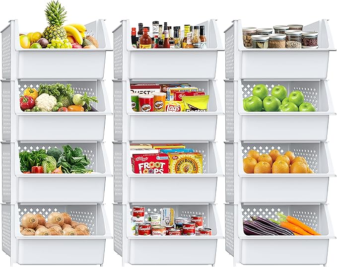 TidyFriend Plastic Stackable Storage Bins for Pantry - 12 Pack Stackable Bins for Organizing Food, Kitchen, and Bathroom Essentials (White)