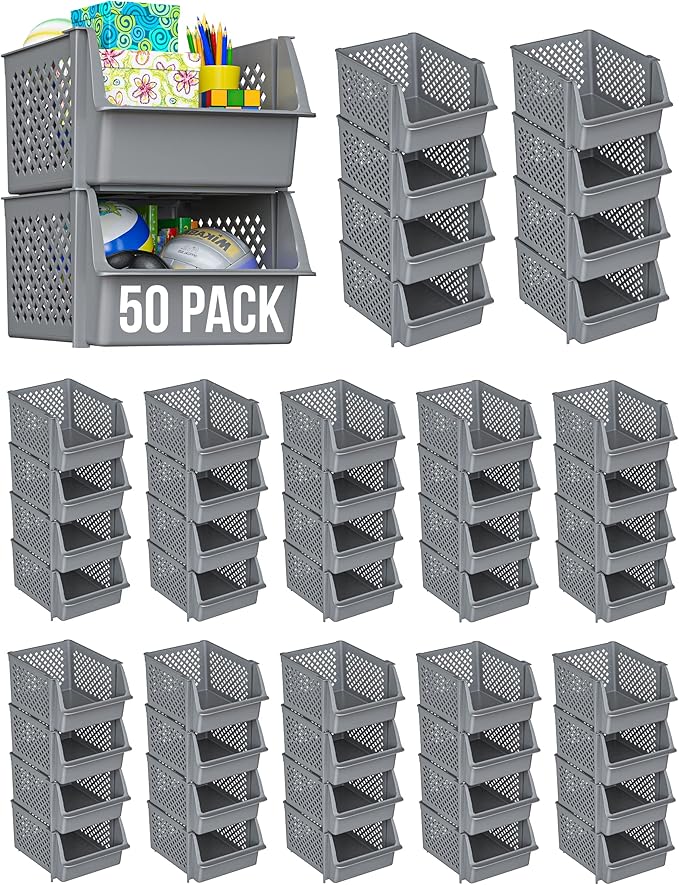 Skywin Plastic Stackable Storage Bins for Pantry - Stackable Bins for Organizing Food, Kitchen, and Bathroom Essentials (Grey - 50 Pack)