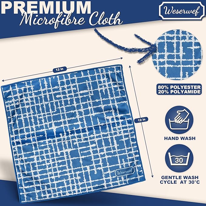 WESERWEF Design Microfiber Glasses Cleaning Cloth – Premium Cleaning Cloth for Eyeglasses, Screens, Tablets, Cameras & Lenses, 12" x 12", Ultra-Soft & Scratch-Free (Blue)