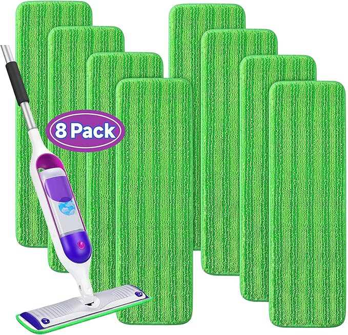 8 Pack Reusable Mop Pads Compatible for Swiffer PowerMop,Microfiber Mop Pads for 13-15'' Spray Mop, Floor Mop Pads Refills for Swiffer, Machine Wash,Green(Not Included Mop)