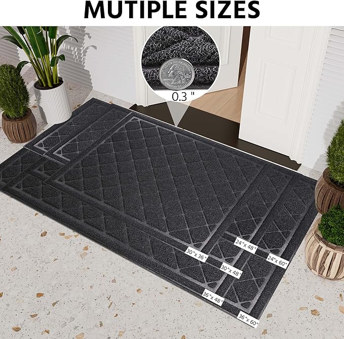 Front Door Mat Indoor Outdoor Entrance, 24" x 48" Heavy Duty All-Season All-Weather Waterproof Doormat Trap Dirt and Moisture Easy Clean Low Profile Patio Porch Entryway Mat