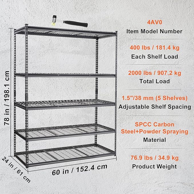 VEVOR Storage Shelving Unit, 5-Tier Adjustable, 2000 lbs Capacity, Heavy Duty Garage Shelves Metal Organizer Wire Rack, Black, 60" L x 24" W x 78" H for Kitchen Pantry Basement Bathroom Laundry Closet