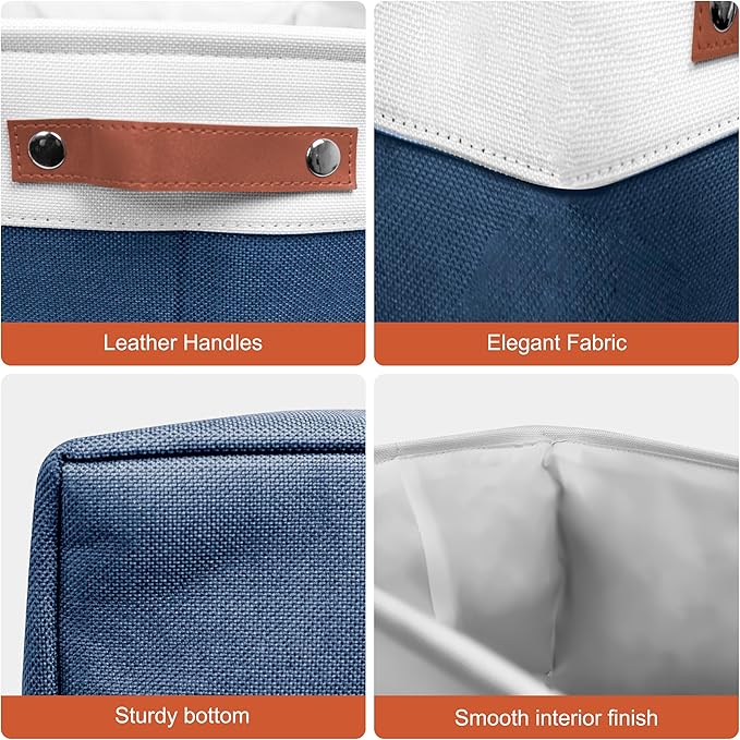 13in Open Fabric Storage Basket with Leather Handles for Organizing, Collapsible Linen Closet Bins for Shelves, Closets, Laundry, Decorative Basket for Gifts. (White＆Blue, 3PCS/13x13in)