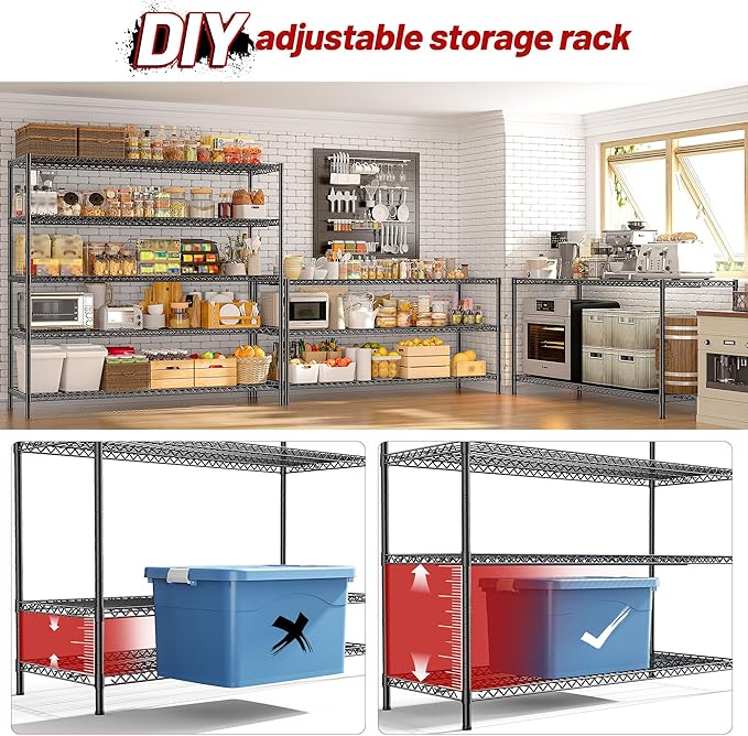 REIBII 55.5" W Storage Shelves 3200LBS Metal Shelving 5 Tier Wire Shelving Unit Garage Shelving Heavy Duty Metal Shelves for Storage Rack Commercial Adjustable Pantry Shelf, 55.5" W X 18''D X 71" H