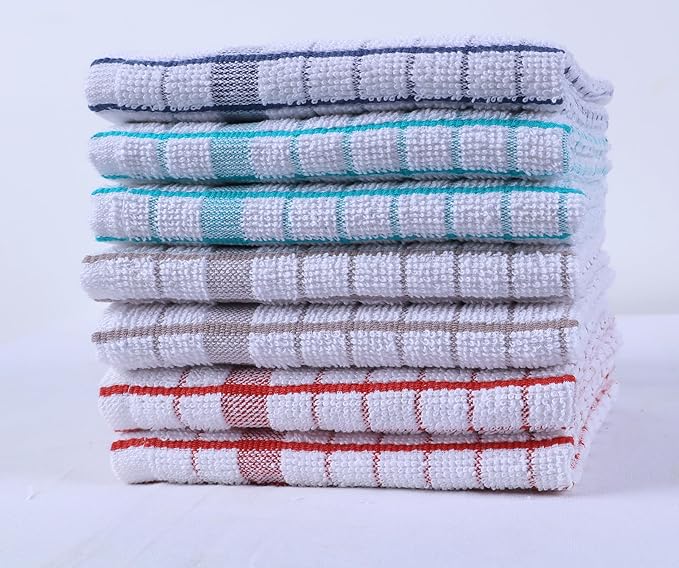 AMOUR INFINI Kitchen Dish Cloths Set of 8 - Ultra Soft, Highly Absorbent, Quick-Drying Terry Cotton Dishcloths 12"x12" Inch Wash & Cleaning Cloths for Kitchen & Dishwashing (Ass- Blue)