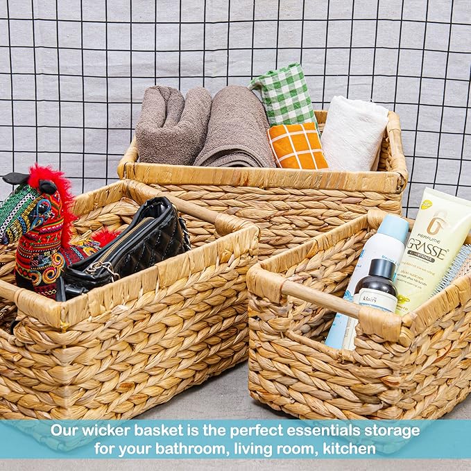 Water Hyacinth Storage Baskets with Wooden Handles, Rectangular Woven Organizer Bins for Closet, Pantry, Bathroom, or Shelves, Natural Decorative Storage Baskets for Home Organization – Set of 3