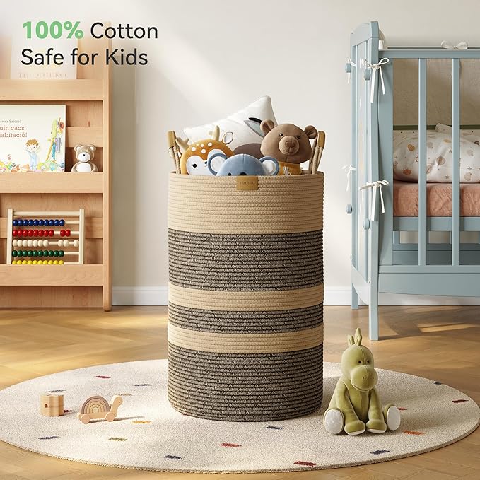 75L Striped Laundry Hamper with Leather Handles,Large Foldable Laundry Basket for Clothes,Cotton Rope Storage Bin for Blankets,Woven Clothes Basket for Bedroom,Dark Brown Stripes