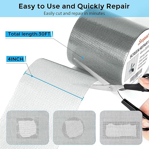 Grey Window Screen Repair Tape, 4IN X 20FT (240IN) Screen Repair Kit for Windows or Doors, Strong Adhesive Patch Kit Fiberglass Mesh Tape