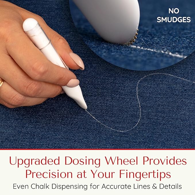 Fabric Markers for Sewing – Ergonomic Tailors Chalk Pen with Improved Dosing Wheel for Sharp Lines - Washable Sewing Chalk Marking Pens that are Compatible with Most Fabrics - White 1 Pack