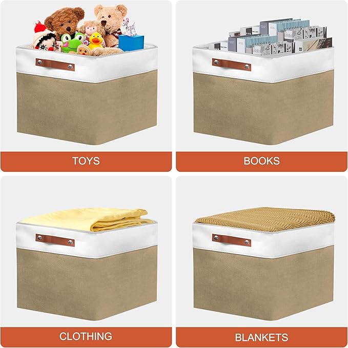11in Open Fabric Storage Basket with Leather Handles for Organizing, Collapsible Linen Closet Bins for Shelves, Closets, Laundry, Decorative Basket for Gifts. (White＆Khaki, 3PCS/11x11in)