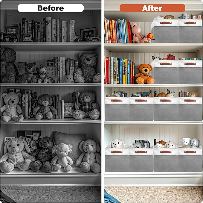 13in Open Fabric Storage Basket with Leather Handles for Organizing, Collapsible Linen Closet Bins for Shelves, Closets, Laundry, Decorative Basket for Gifts. (White＆Gray, 3PCS/13x13in)