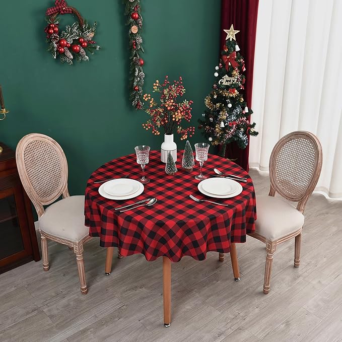 Waterproof Plaid Tablecloth Fabric - Round 58 Inch Classic Gingham Checker Table Cloth for Indoor/Outdoor Use - Buffalo Table Cover for Picnics, BBQs, and Parties