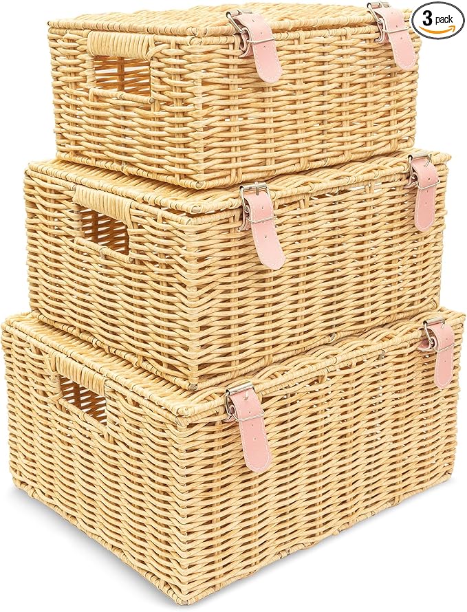 Wicker Storage Baskets with Lids – Set of 3 (Large, Medium, Small) for Organizing Clothes, Toys, Books – Stackable Basket with Lid for Bedroom, Nursery, and Home Decor