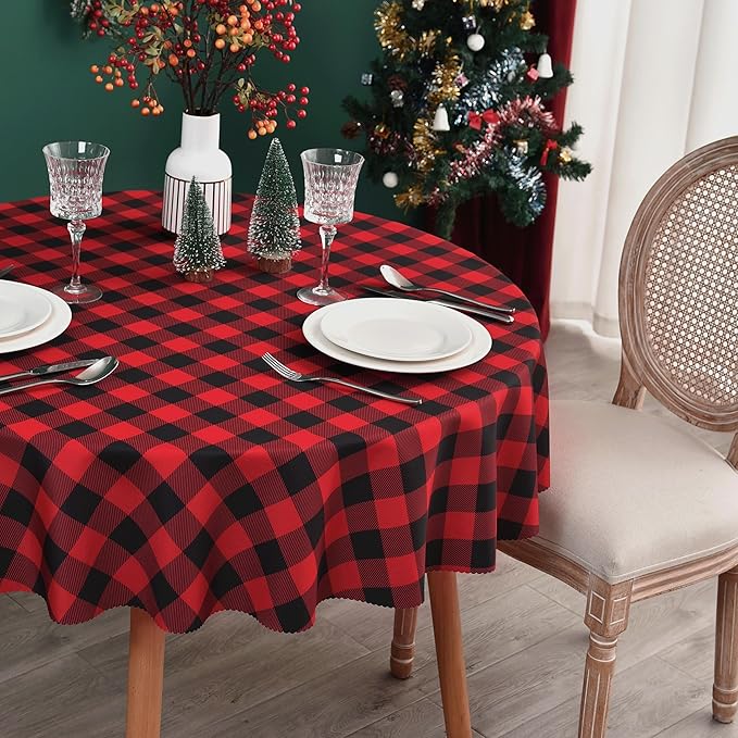 Waterproof Plaid Tablecloth Fabric - Round 58 Inch Classic Gingham Checker Table Cloth for Indoor/Outdoor Use - Buffalo Table Cover for Picnics, BBQs, and Parties