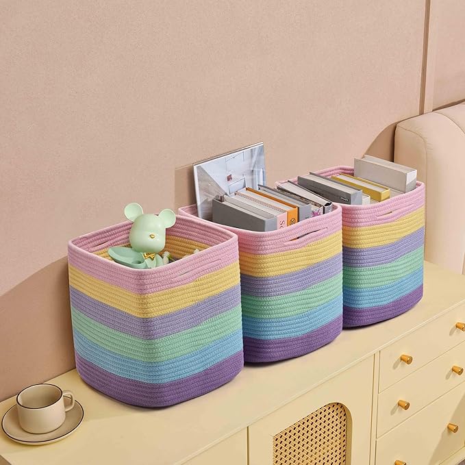 3 Pack Storage Cubes 11 Inch Cotton Rope Woven Baskets for Organizing Cube Bin Square Shelves Organizer,Classroom,Kids Toy Bins,Closet,Baby Nursery(Light Rainbow)